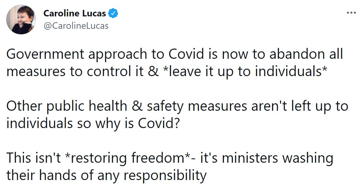 Caroline Lucas tweet on de-restriction 6-7-2021 - enlarge